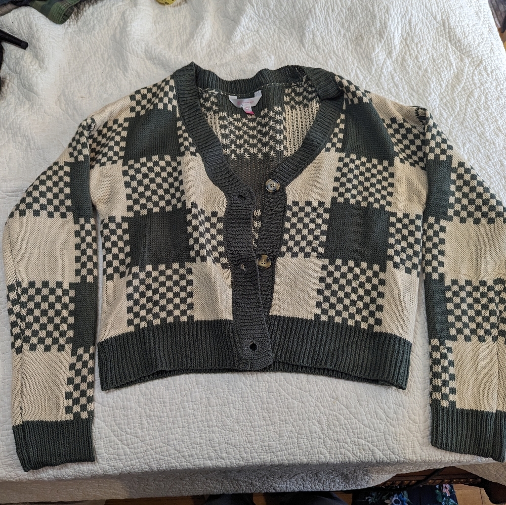 Plaid Cropped Green Cardigan Size M